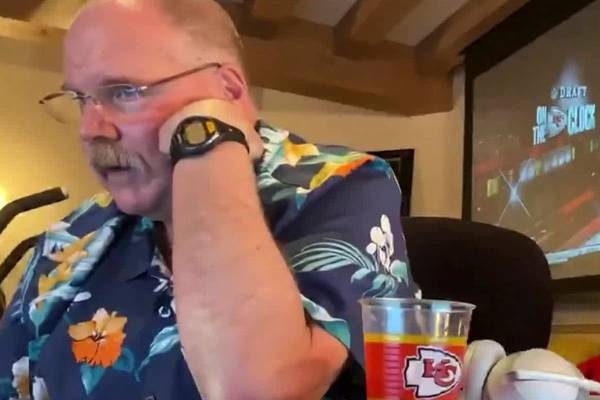 In this still image from video provided by the NFL, Kansas City Chiefs head coach Andy Reid app ...