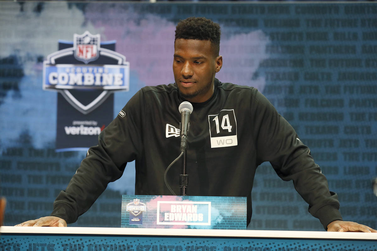 South Carolina wide receiver Bryan Edwards speaks during a press conference at the NFL football ...