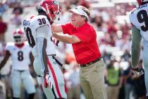 Georgia head coach Kirby Smart yells at Tae Crowder (30) before an NCAA college football game a ...