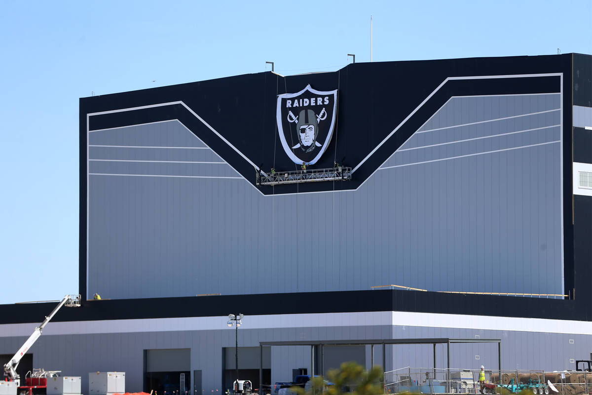 The shield logo is installed at the Las Vegas Raiders headquarters and practice facility in Hen ...