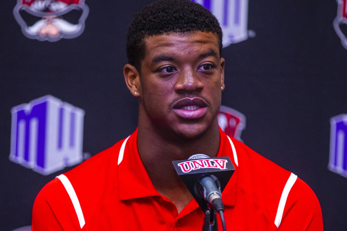UNLV football linebacker Javin White answers a media question during a press conference on Mond ...