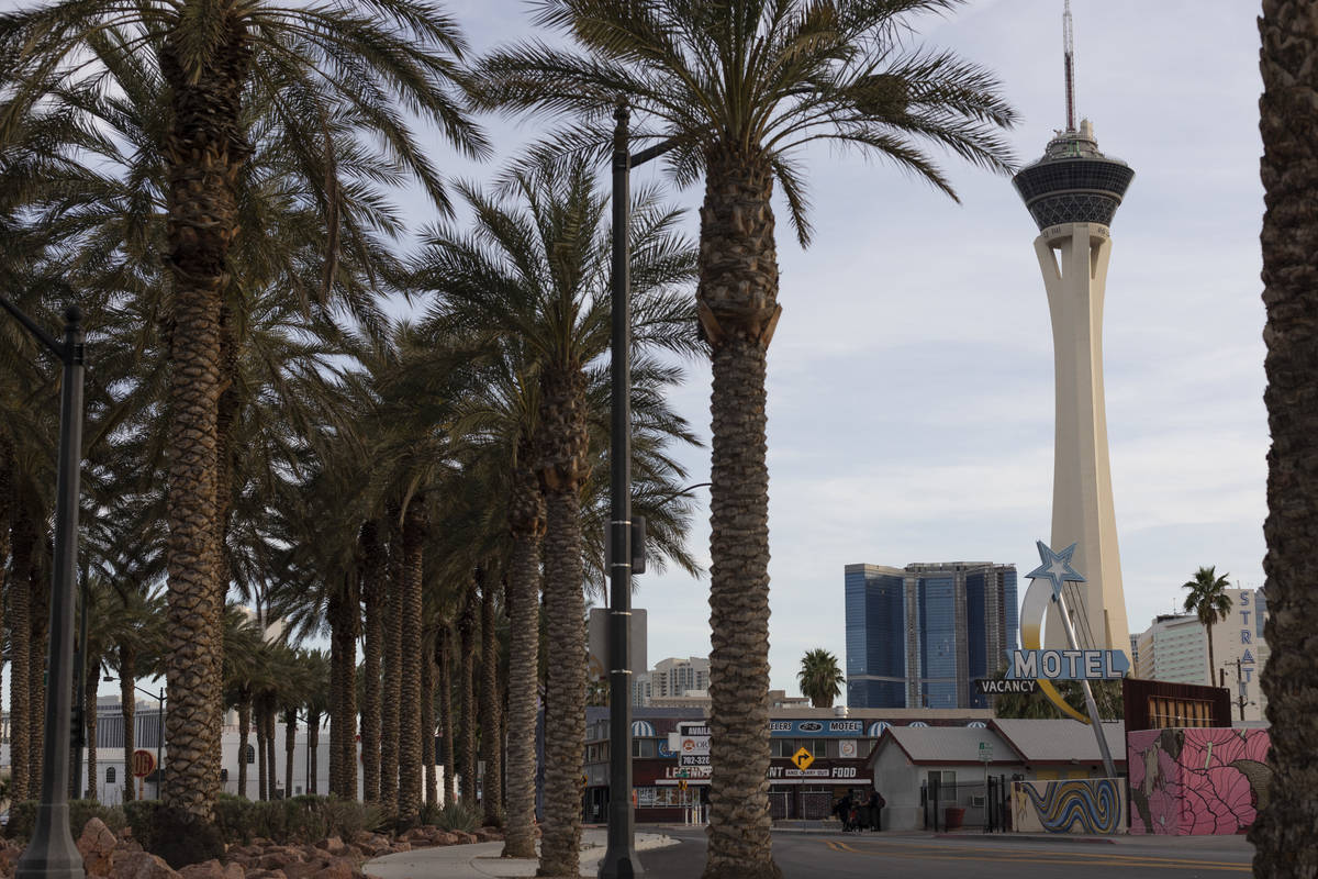 The Stratosphere is seen in the background of an empty South 3rd Street on Saturday, April 25, ...