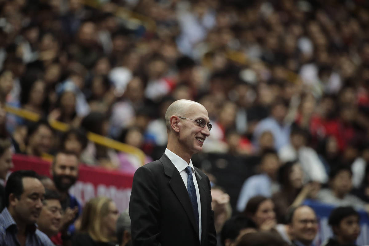 FILE - In this Oct. 8, 2019 file photo, NBA Commissioner Adam Silver is introduced during an NB ...