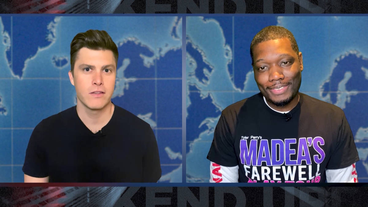 In this screengrab provided by NBC, anchors Colin Jost, left, and Michael Che appear in the Wee ...