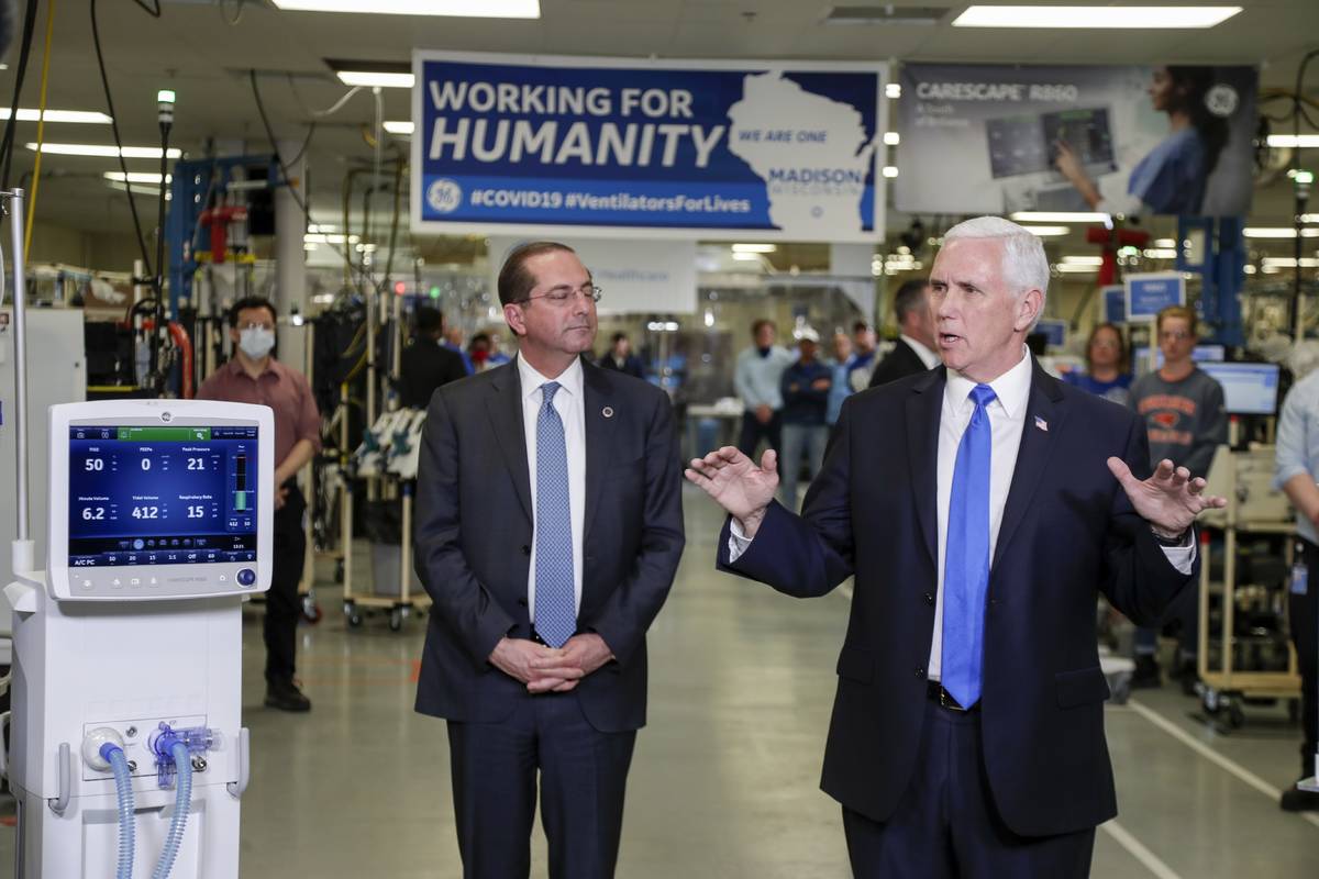 Vice President Mike Pence visits the GE Healthcare manufacturing facility Tuesday April 21, 202 ...