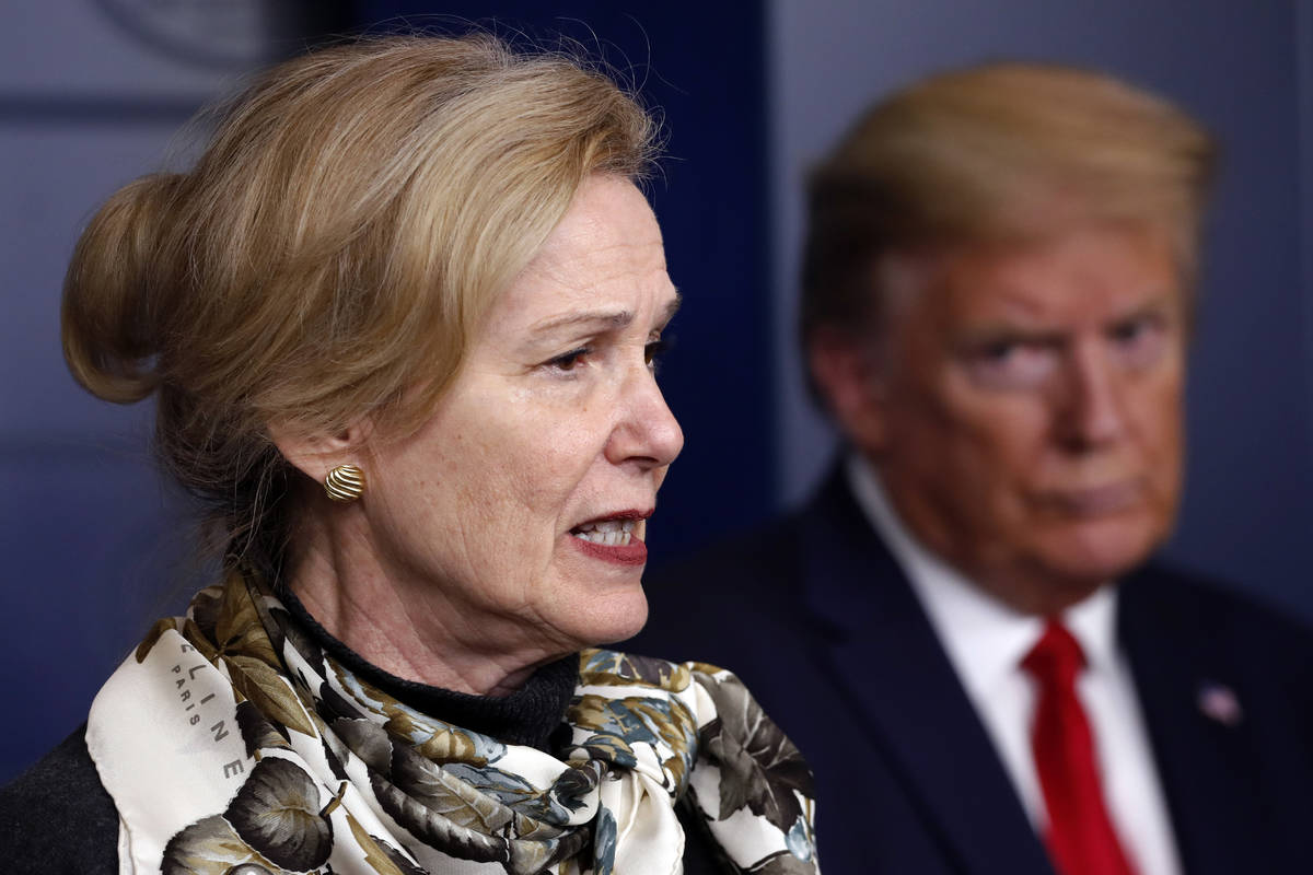 President Donald Trump listens as Dr. Deborah Birx, White House coronavirus response coordinato ...