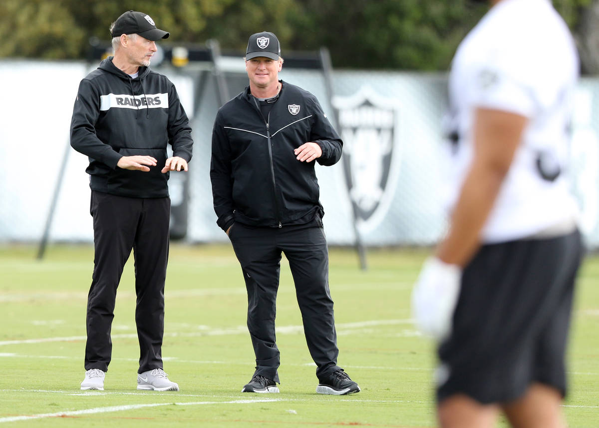 Oakland Raiders general manager Mike Mayock, left, and head coach Jon Gruden watch the team wor ...