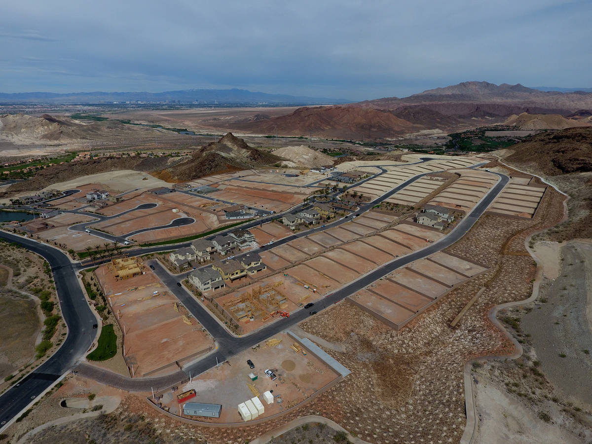 Aerial view of housing construction sites at The Peaks, a new development at Lake Las Vegas, th ...