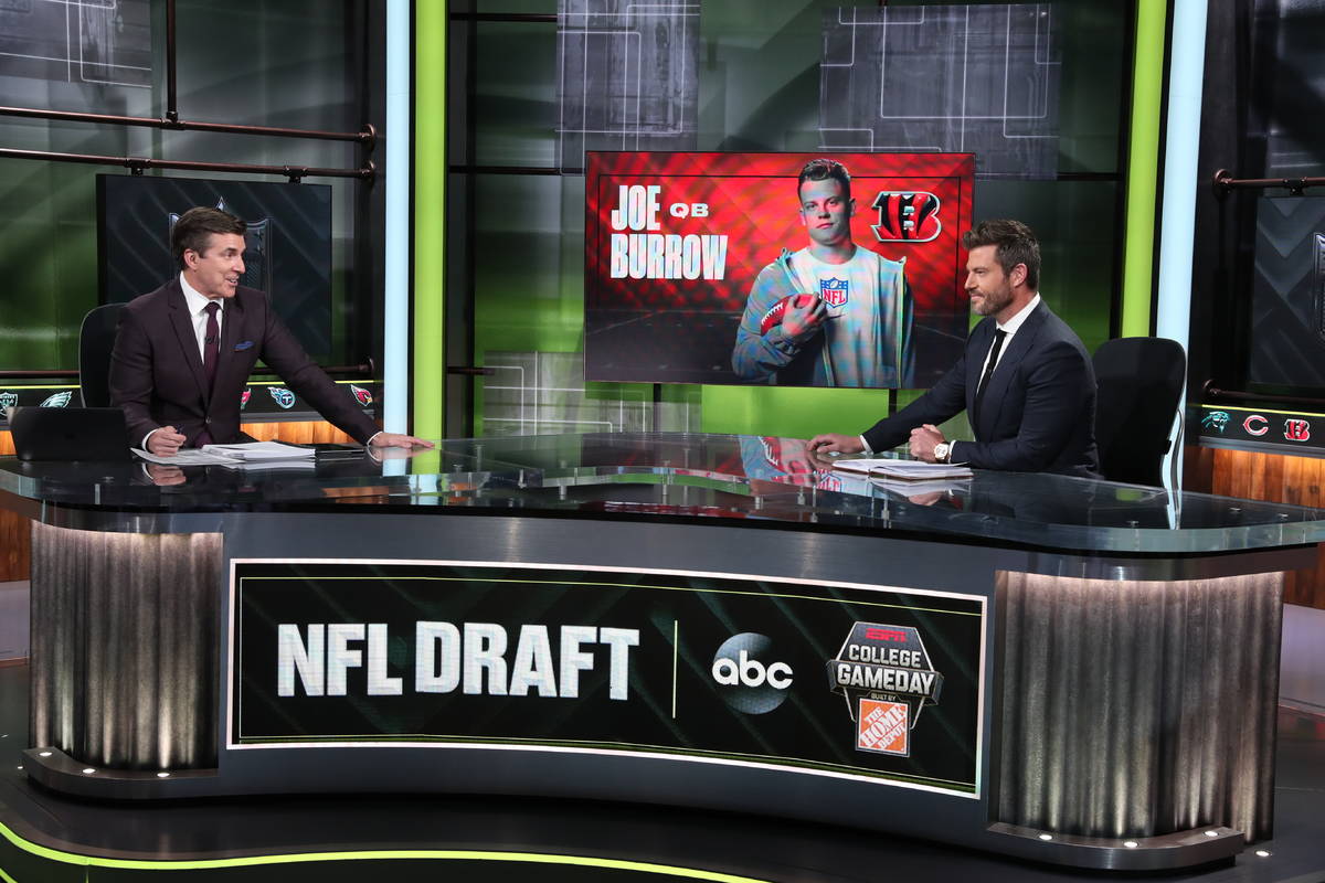 In a photo provided by ESPN Images, Rece Davis, left, and Jesse Palmer discuss the NFL football ...