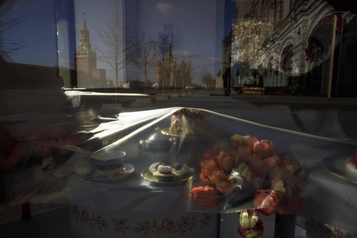 In this photo taken on Wednesday, April 22, 2020, mock-ups of desserts and flowers are covered ...