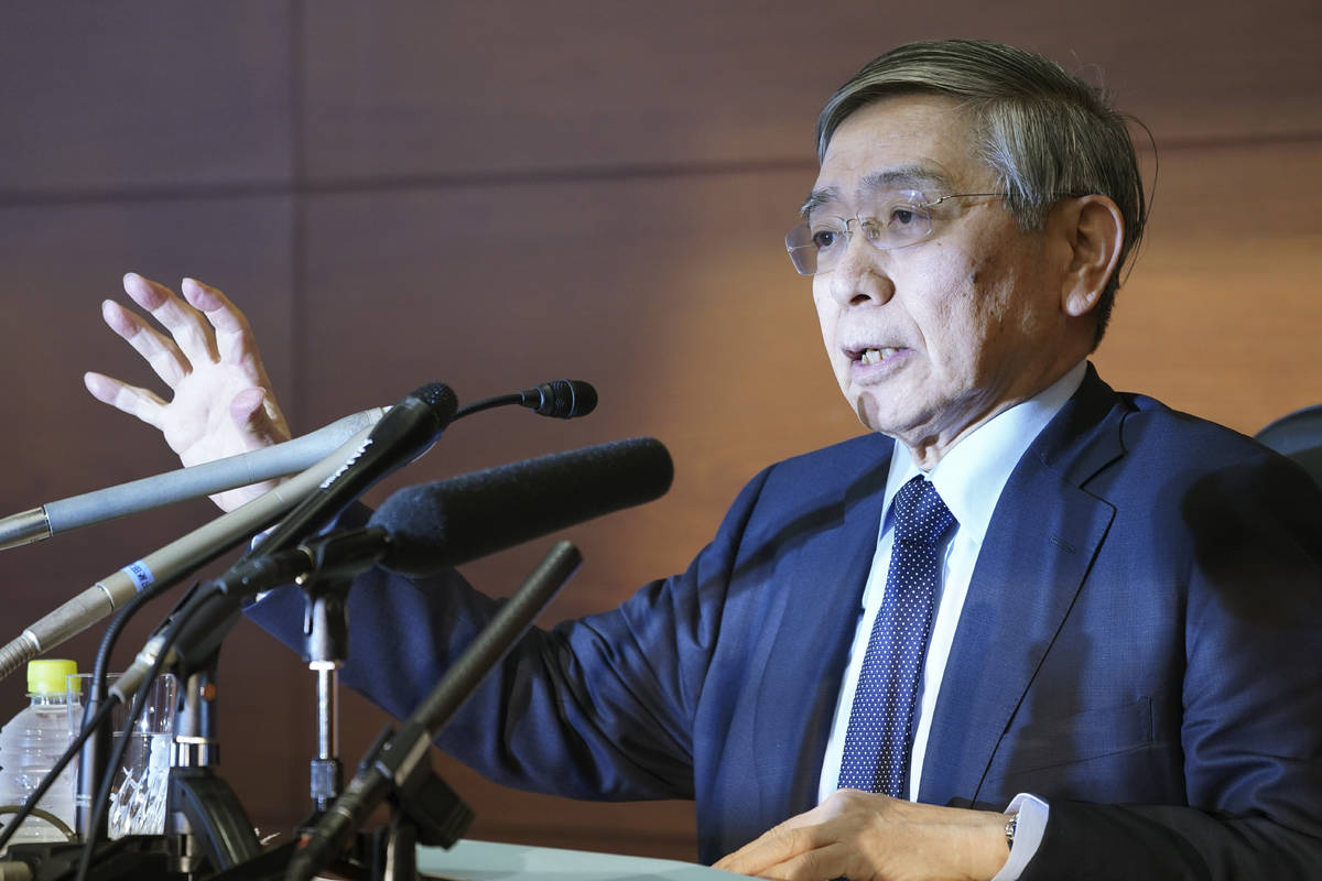 In this March 16, 2020 photo, Bank of Japan Governor Haruhiko Kuroda speaks during a news confe ...