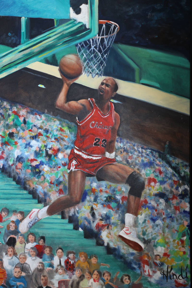 A signed Michael Jordan painting inside the home of Trent Othick in Las Vegas, Tuesday, April 2 ...