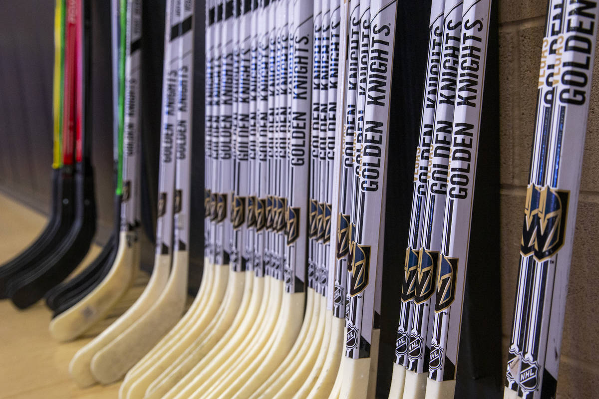 Hockey sticks are awaiting usage as Vegas Golden Knights forwards Max Pacioretty and Paul Stast ...