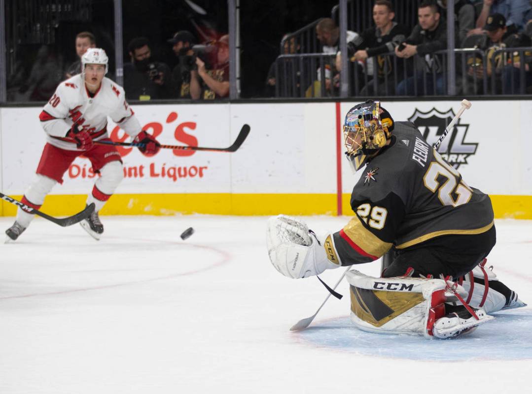 Vegas Golden Knights goaltender Marc-Andre Fleury (29) makes a save against Carolina Hurricanes ...