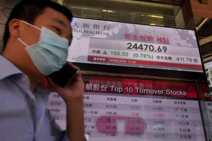 A man wearing face mask walks past a bank electronic board showing the Hong Kong share index at ...