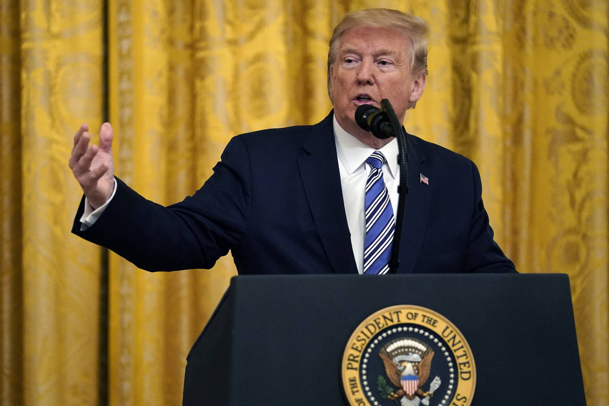 President Donald Trump speaks during an event about the Paycheck Protection Program used to sup ...