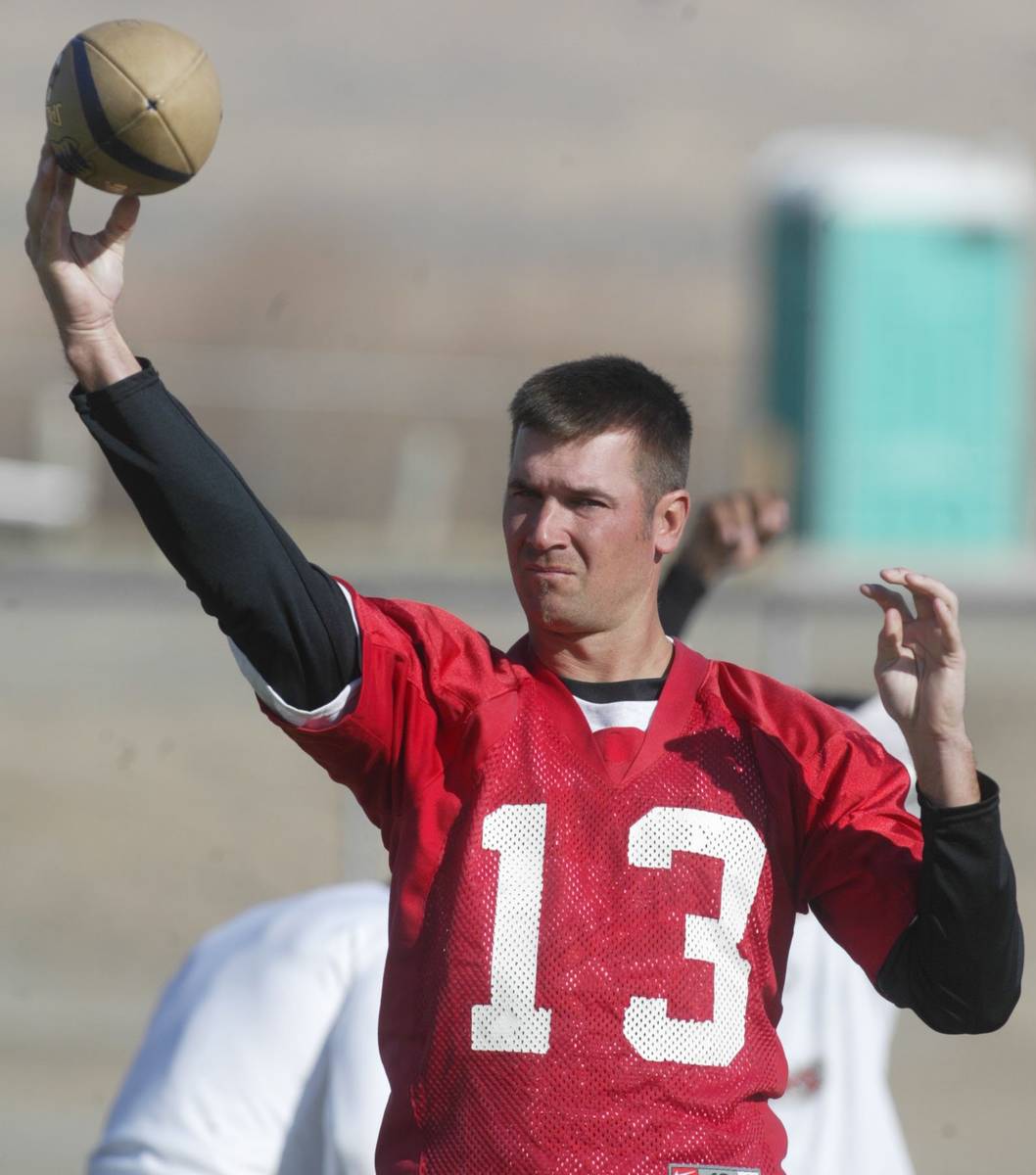 Sports; Football player, QB Clint Dolezel throws the football during the Gladiators morning pra ...