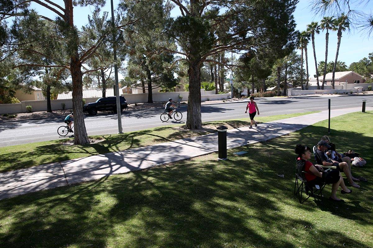 People exercise at Desert Shores in Las Vegas Wednesday, April 29, 2020. (K.M. Cannon/Las Vegas ...