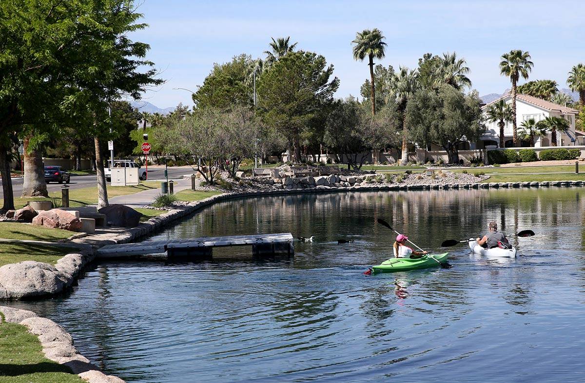 Kayakers at Desert Shores in Las Vegas Wednesday, April 29, 2020. (K.M. Cannon/Las Vegas Review ...