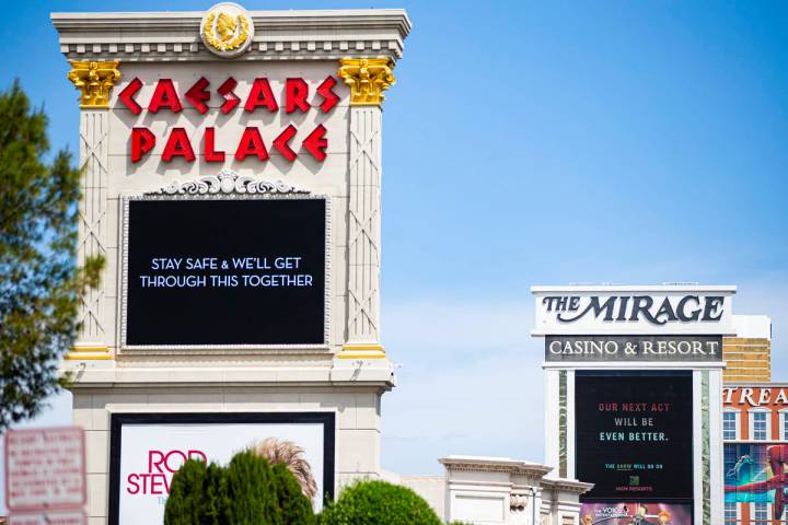 Signage at Caesars Palace and The Mirage along the Las Vegas Strip on Thursday, April 16, 2020. ...