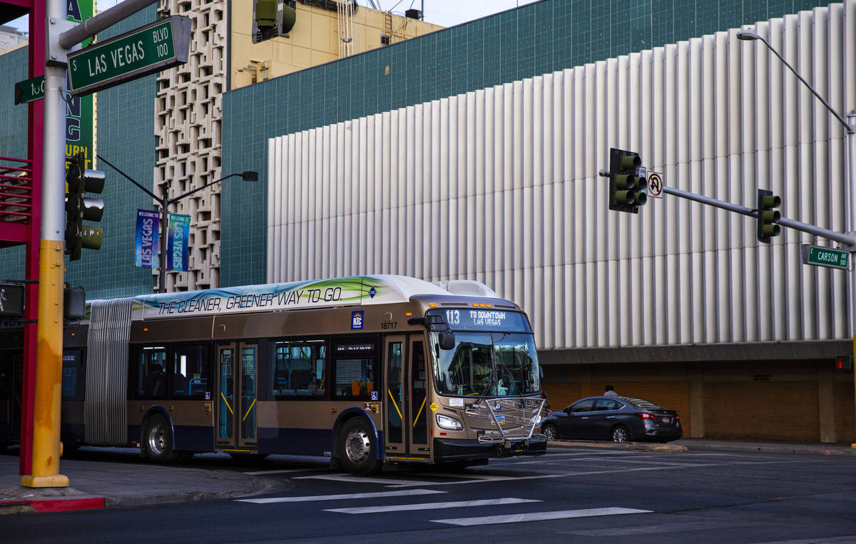 A Route 113 Regional Transportation Commission bus drives along Las Vegas Boulevard en route to ...