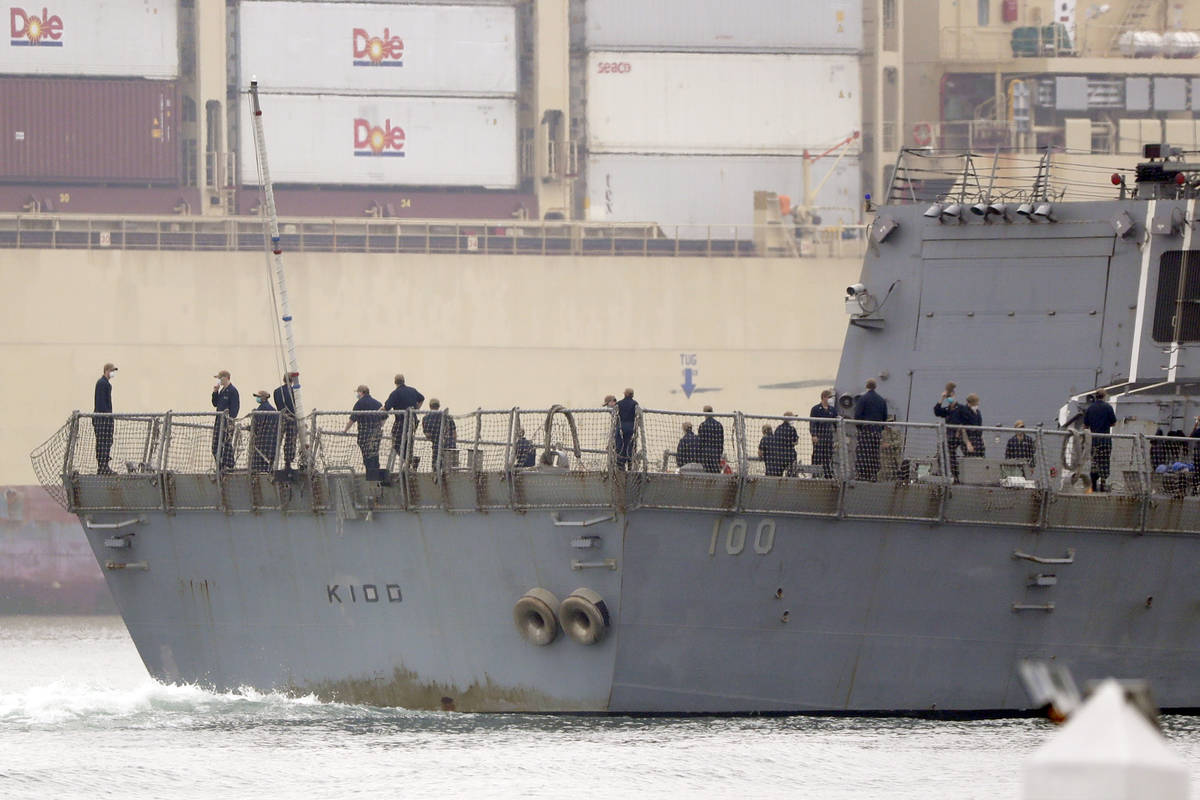 The USS Kidd passes downtown San Diego as it returns to Naval Base San Diego, Tuesday, April 28 ...