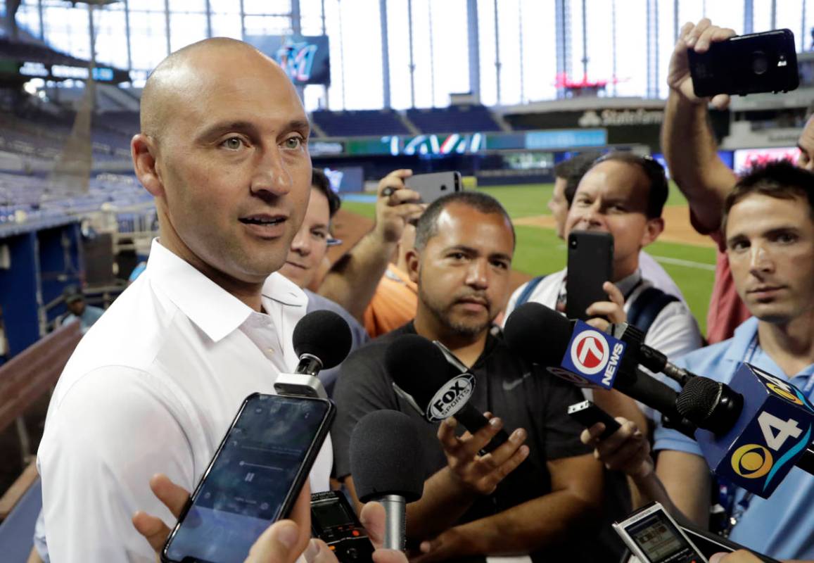 FILE - In this May 3, 2019, file photo, Miami Marlins CEO Derek Jeter talks with reporters befo ...