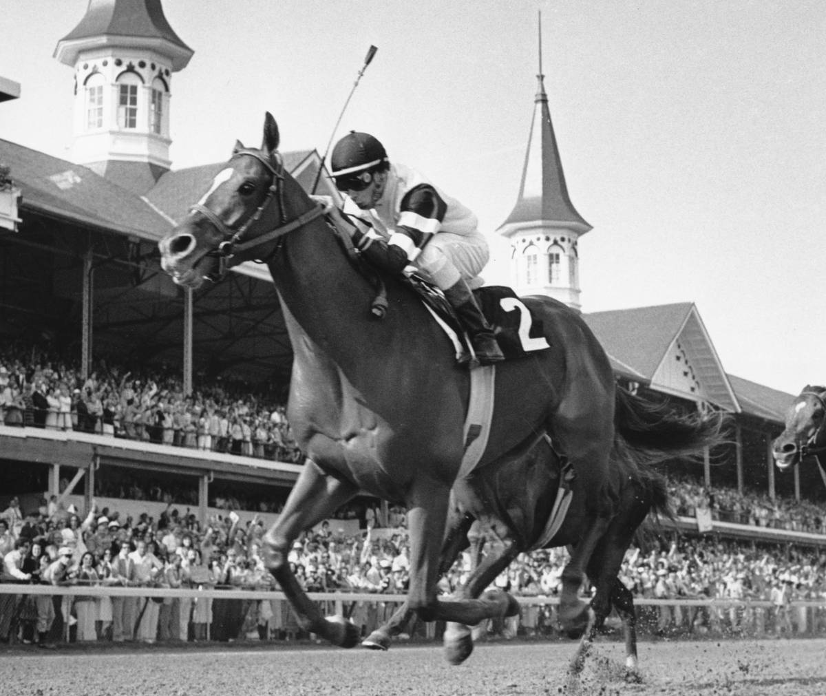 FILE - In this May 6, 1978, file photo, Affirmed, jockey Steve Cauthen up, crosses the finish l ...