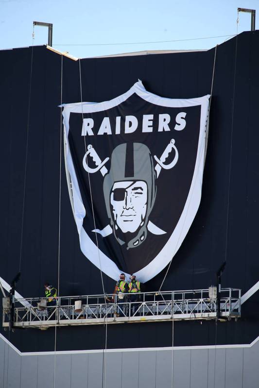 The shield logo is installed at the Las Vegas Raiders headquarters and practice facility in Hen ...