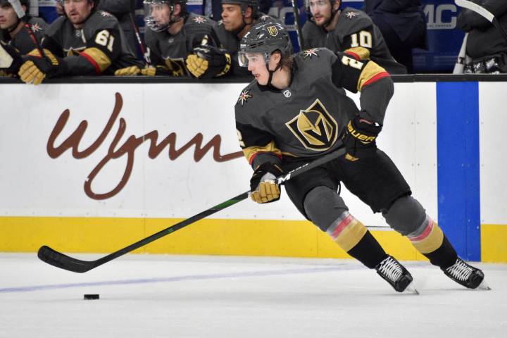 Vegas Golden Knights defenseman Zach Whitecloud (2) skates against the Carolina Hurricanes duri ...