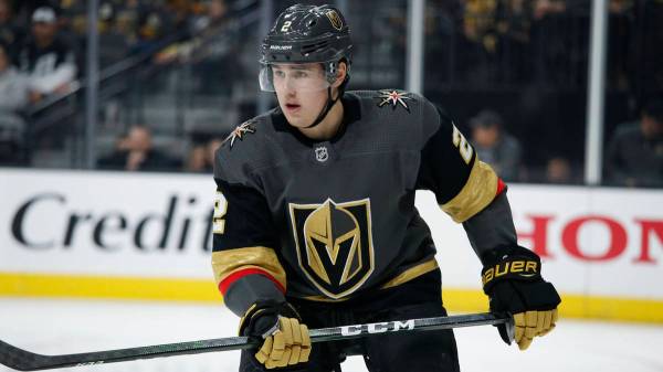 Vegas Golden Knights' Zach Whitecloud plays against the Los Angeles Kings during an NHL hockey ...