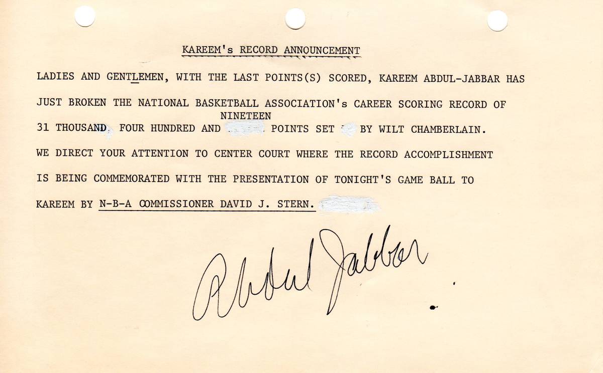 The official announcement of Kareem Abdul-Jabbar setting the NCAA career scoring mark as read b ...