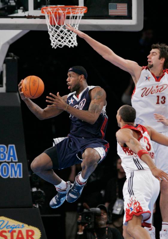 NBA Eastern Conference player LeBron James of the Cleveland Cavaliers shoots around Western pla ...