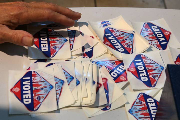 "I Voted" stickers at a polling station at Galleria Mall on Tuesday, Nov. 6, 2018, in Henderson ...