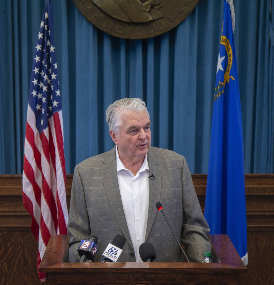 Gov. Steve Sisolak speaks during a press conference to update Nevada citizens about the coronav ...