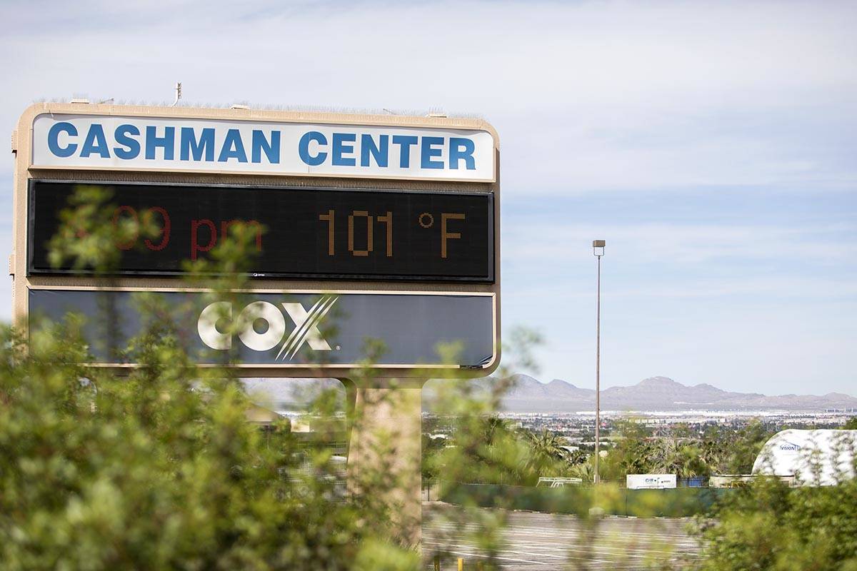 The Cashman Center sign says it's 101 degrees in Las Vegas on Wednesday, April 29, 2020. The of ...