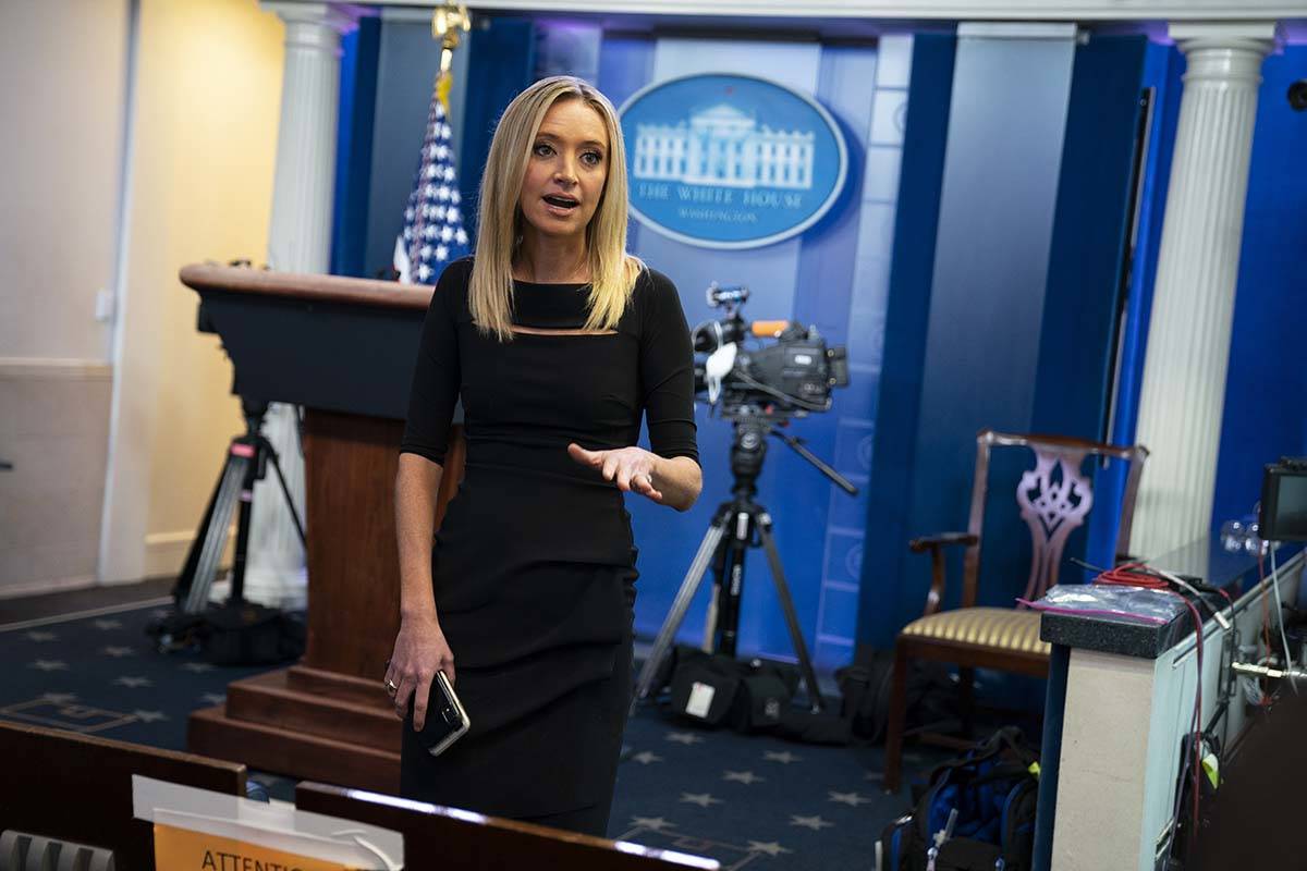 White House press secretary Kayleigh McEnany talks with reporters in the briefing room of the W ...