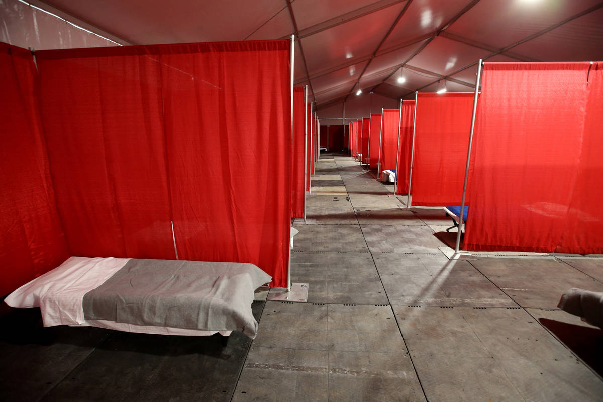 A medical tent for people who have tested positive for coronavirus is seen during a tour of the ...