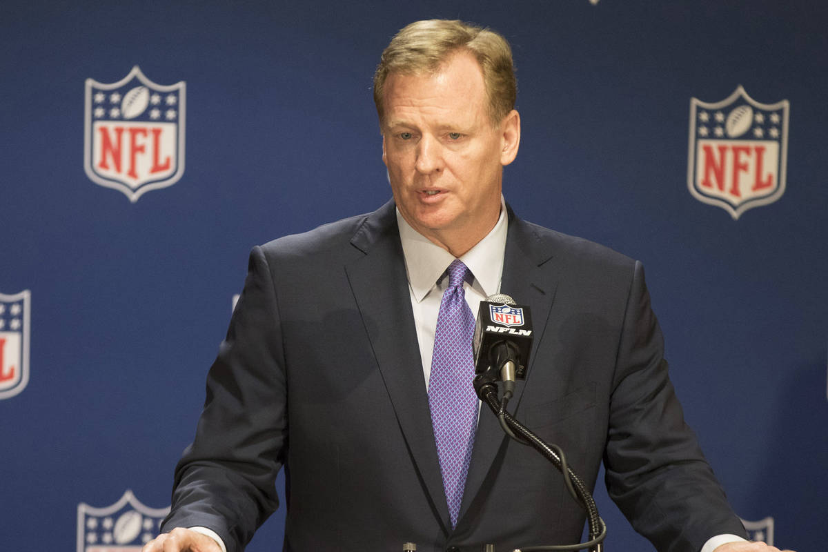 NFL commissioner Roger Goodell answers questions from the media at a news conference at the NFL ...
