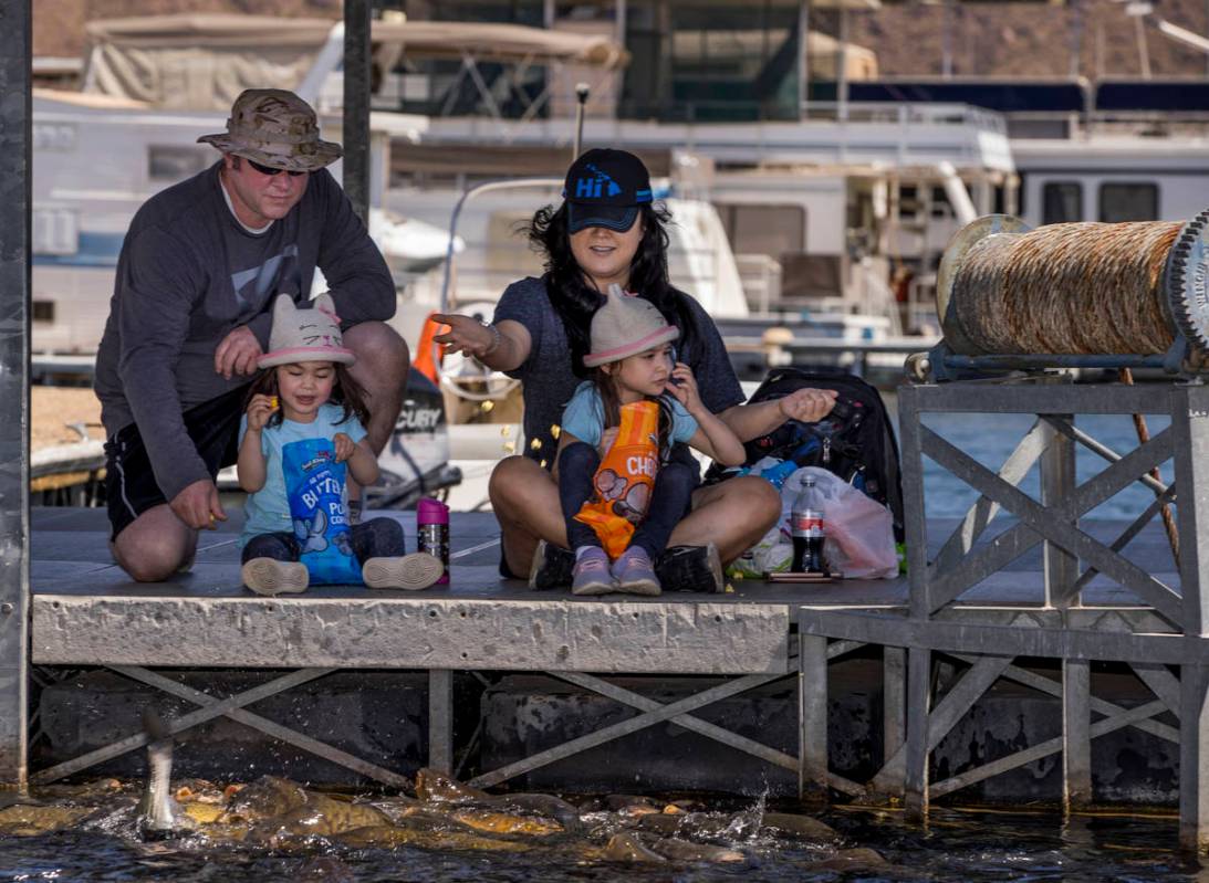 Jesse Fink, left, with Charlie, 2, Stella, 5, and Michelle Fink feed the fish at the Las Vegas ...