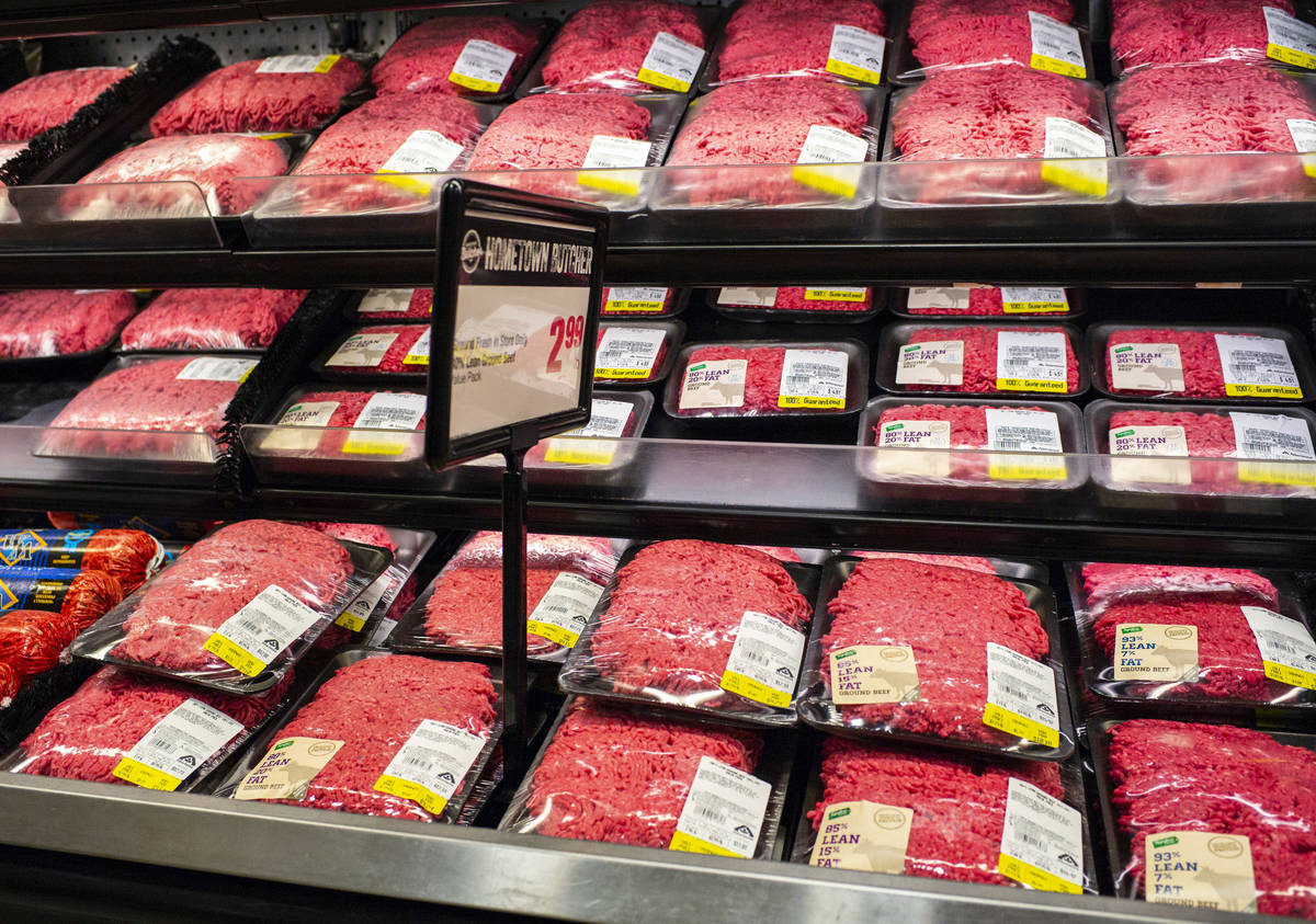 Beef in the meat section at Albertson's in Las Vegas on Saturday, May 2, 2020. (Chase Stevens/L ...