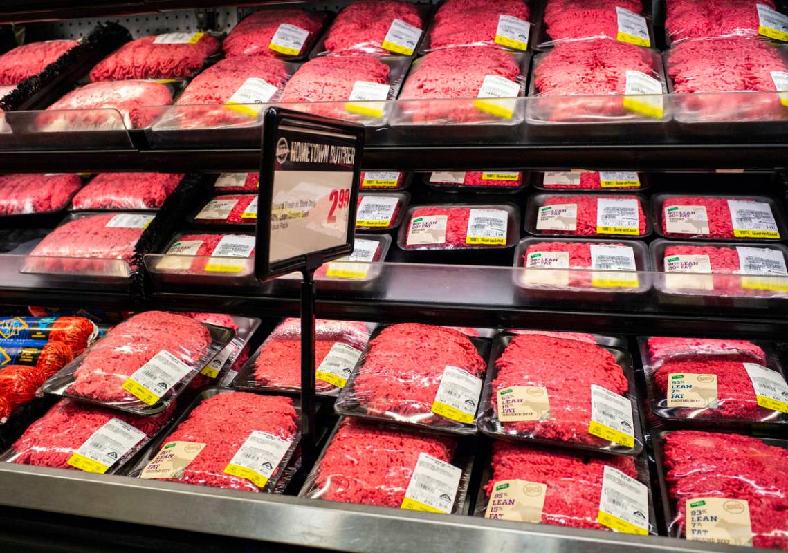 Beef in the meat section at Albertson's in Las Vegas on Saturday, May 2, 2020. (Chase Stevens/L ...