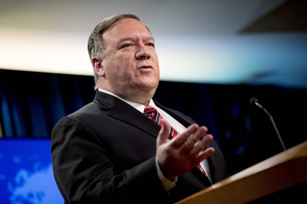 FILE - In this April 29, 2020, file photo Secretary of State Mike Pompeo speaks at a news confe ...