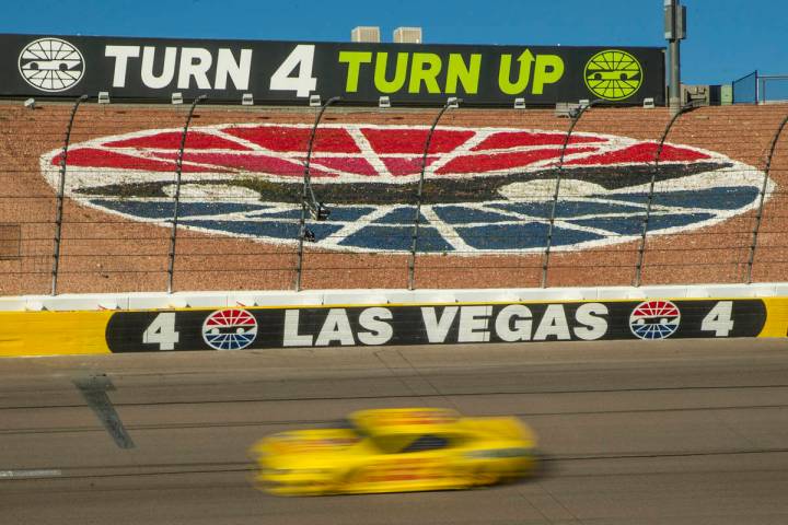 Joey Logano (22) cruises into turn four late in the race during the Pennzoil 400 presented by J ...