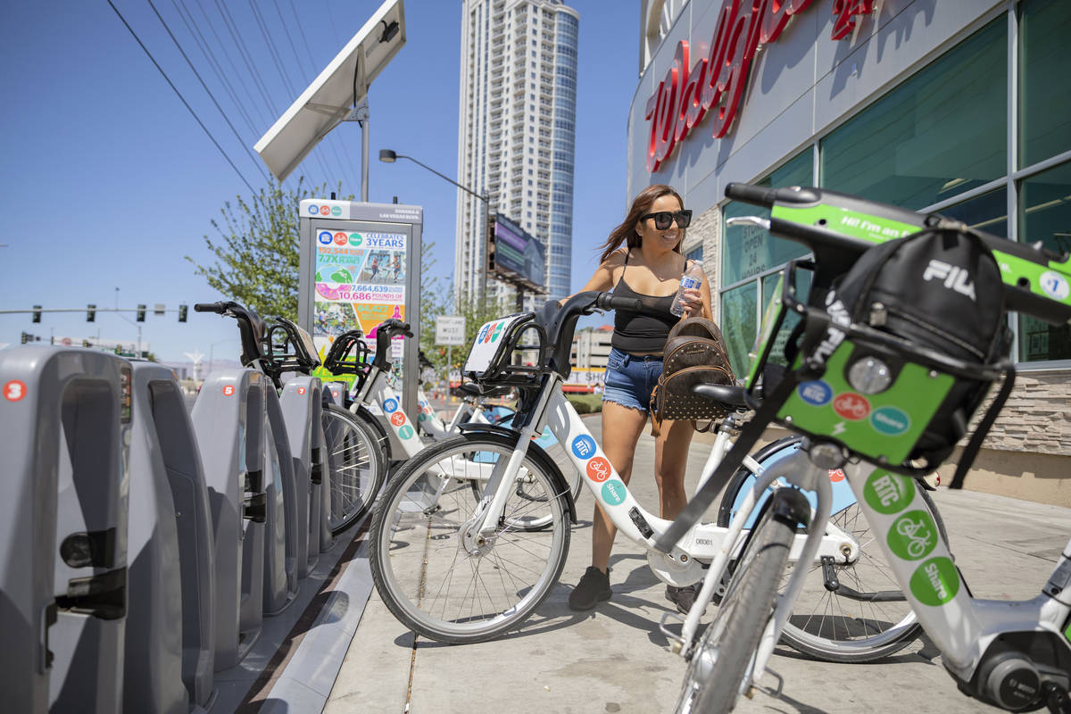 Maribel Leyva rents an RTC Bike Share from the East Sahara Ave., and Las Vegas Blvd., bike shar ...