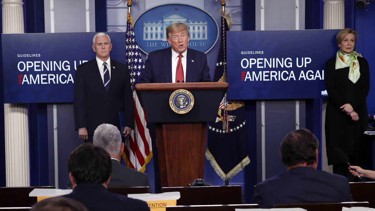 President Donald Trump speaks about the coronavirus in the James Brady Press Briefing Room of t ...