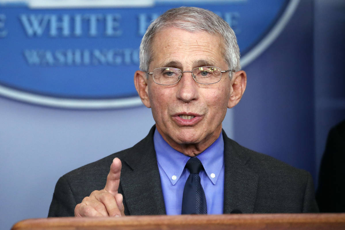 FILE - In this April 7, 2020, file photo, Dr. Anthony Fauci, director of the National Institute ...