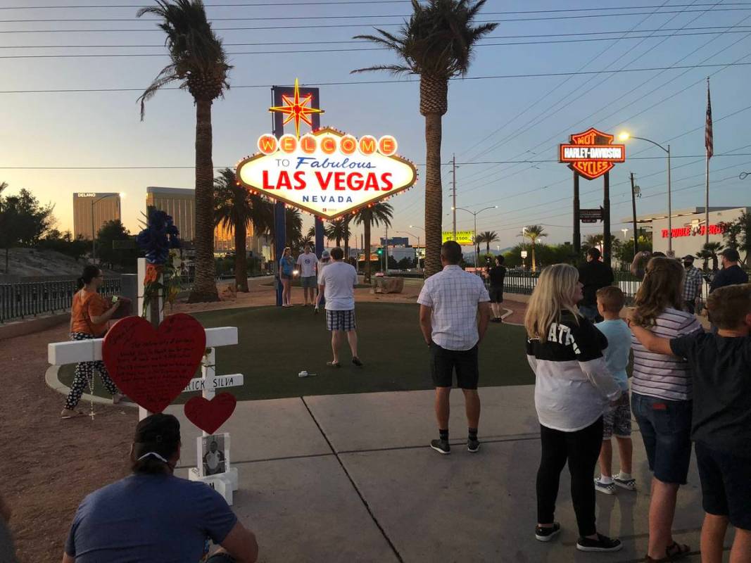 The "Welcome to Fabulous Las Vegas" sign is lighted up in red on Tuesday, May 5, 2020, in honor ...