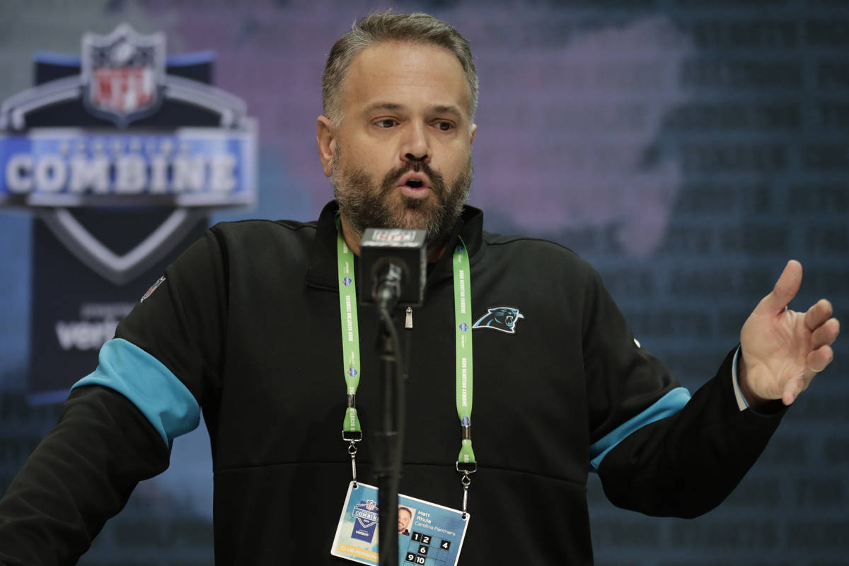 In this Feb. 25, 2020, file photo, Carolina Panthers head coach Matt Rhule speaks during a pres ...