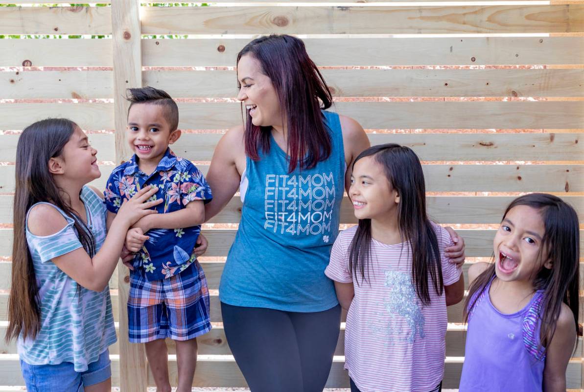 Owner of FIT4MOM Las Vegas Jessica Peralta is photographed with her four children, Grace, 9, fr ...